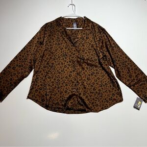 NWT Auden Women's Brown Leopard-Print Long-Sleeve Pajama Top- Size L